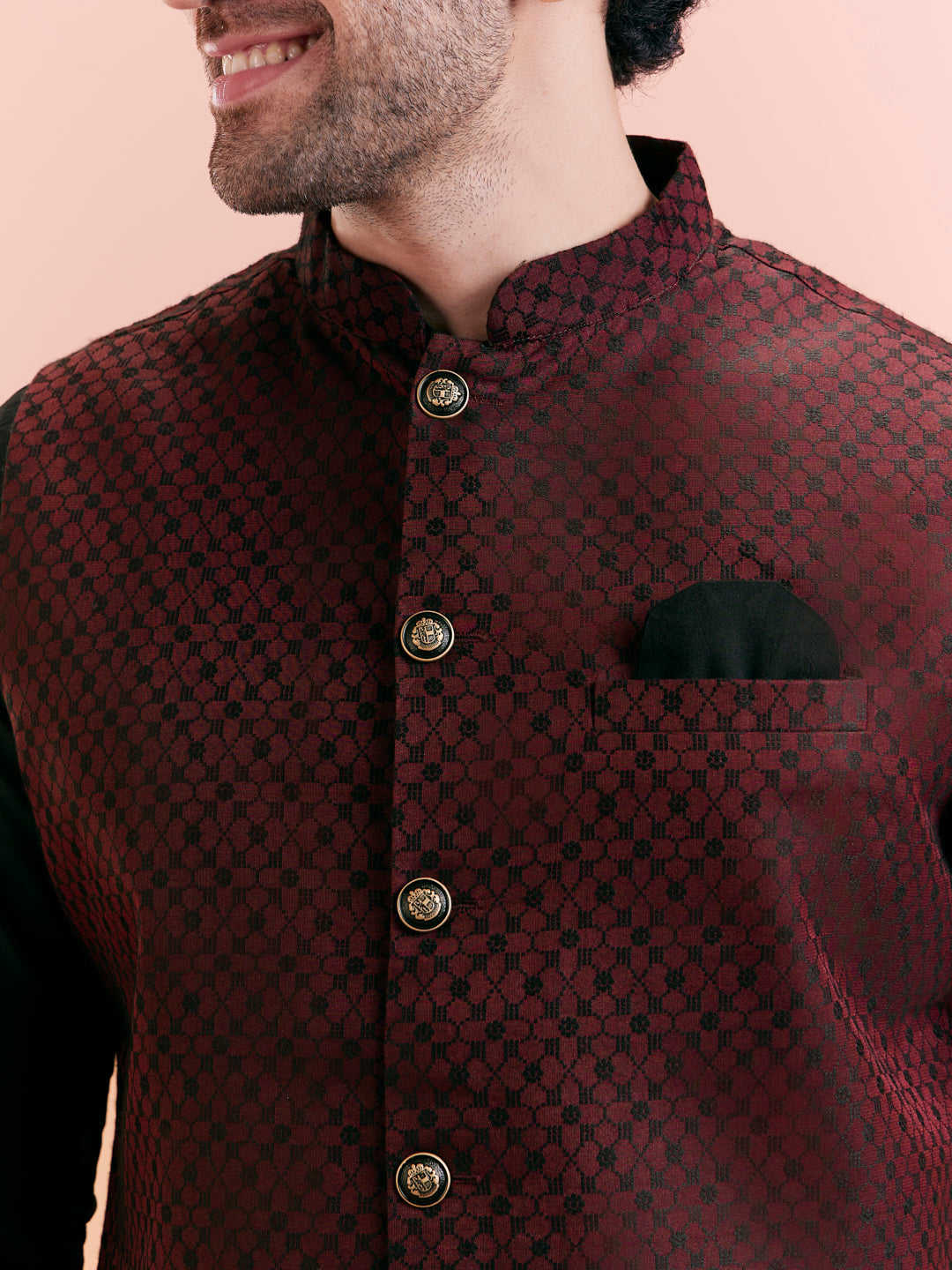 Maroon Silk Blend Jacquard Nehru Jacket | SHOBITAM