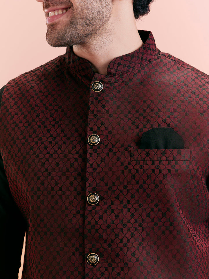 Maroon Silk Blend Jacquard Nehru Jacket | SHOBITAM