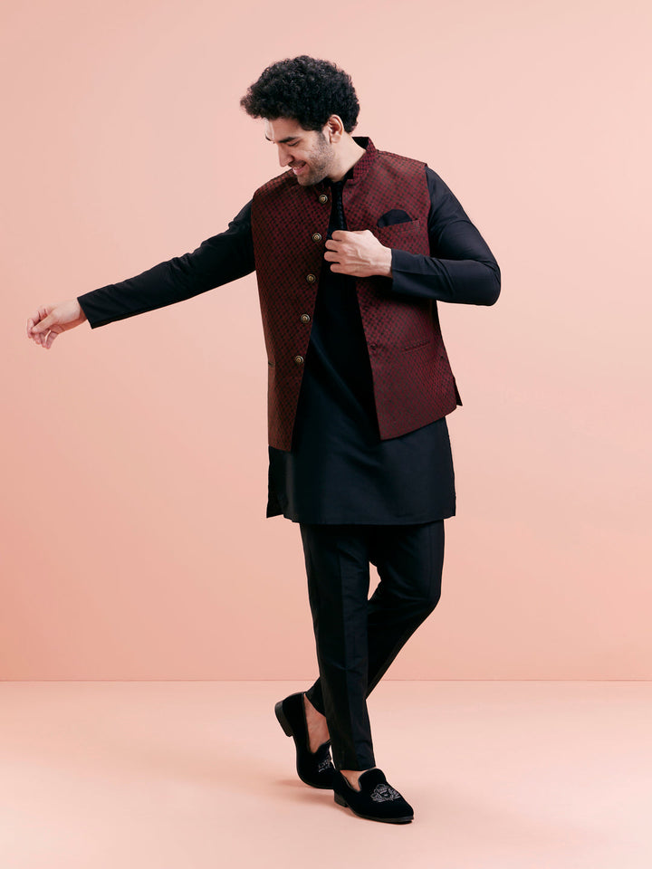 Maroon Silk Blend Jacquard Nehru Jacket | SHOBITAM
