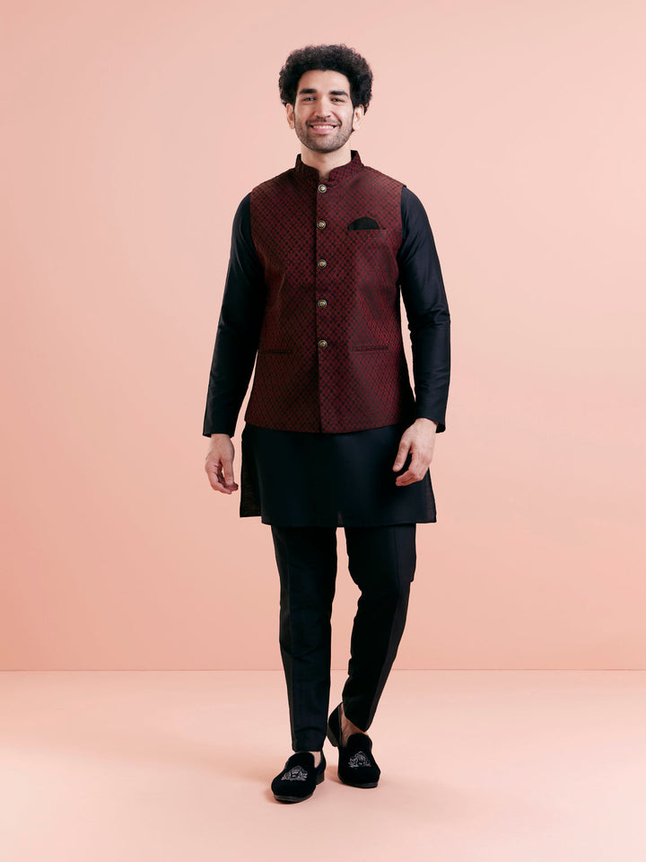 Maroon Silk Blend Jacquard Nehru Jacket | SHOBITAM
