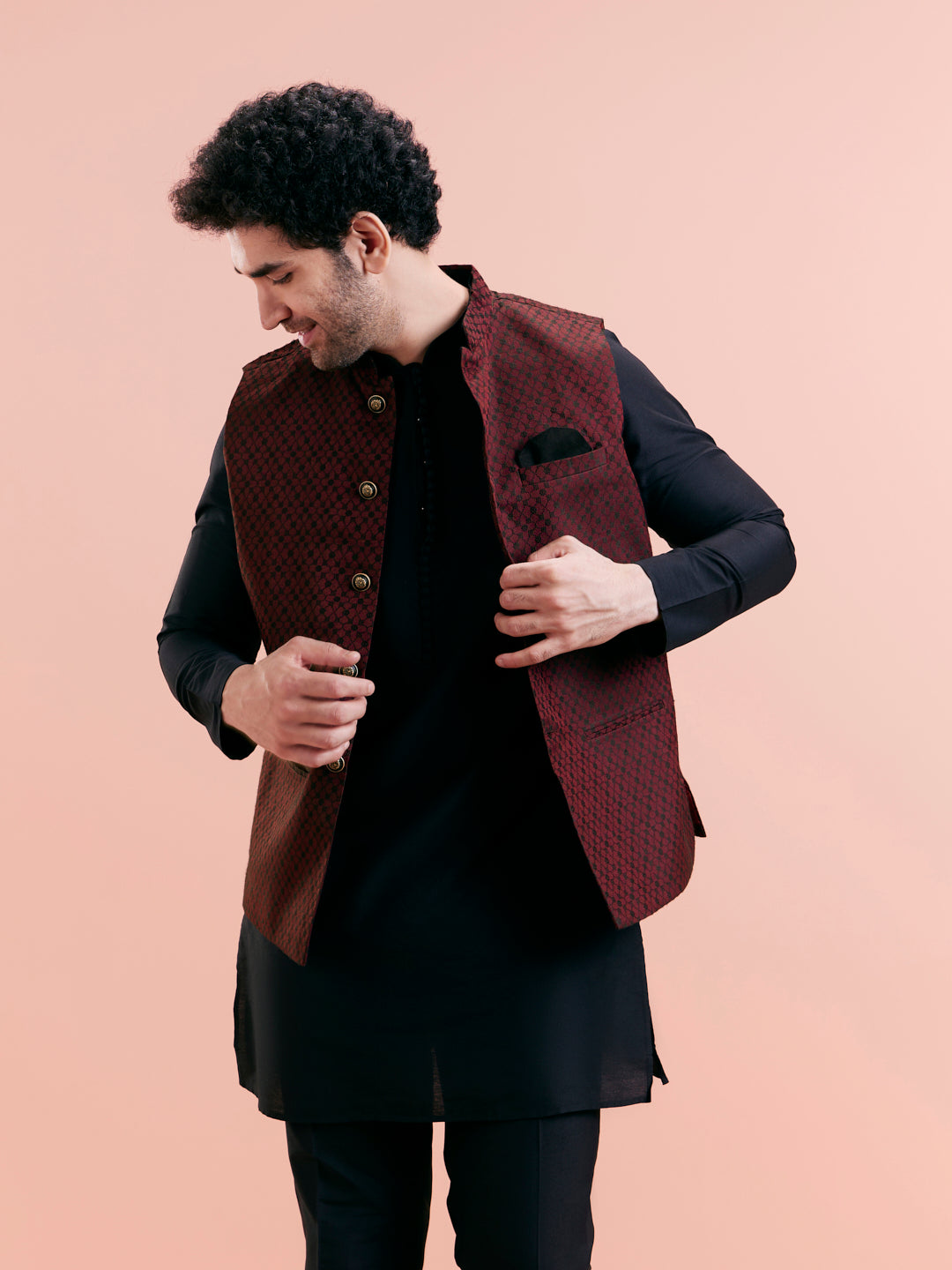 Maroon Silk Blend Jacquard Nehru Jacket | SHOBITAM