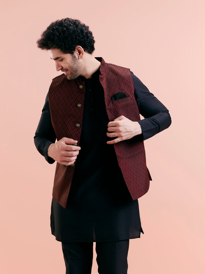 Maroon Silk Blend Jacquard Nehru Jacket | SHOBITAM