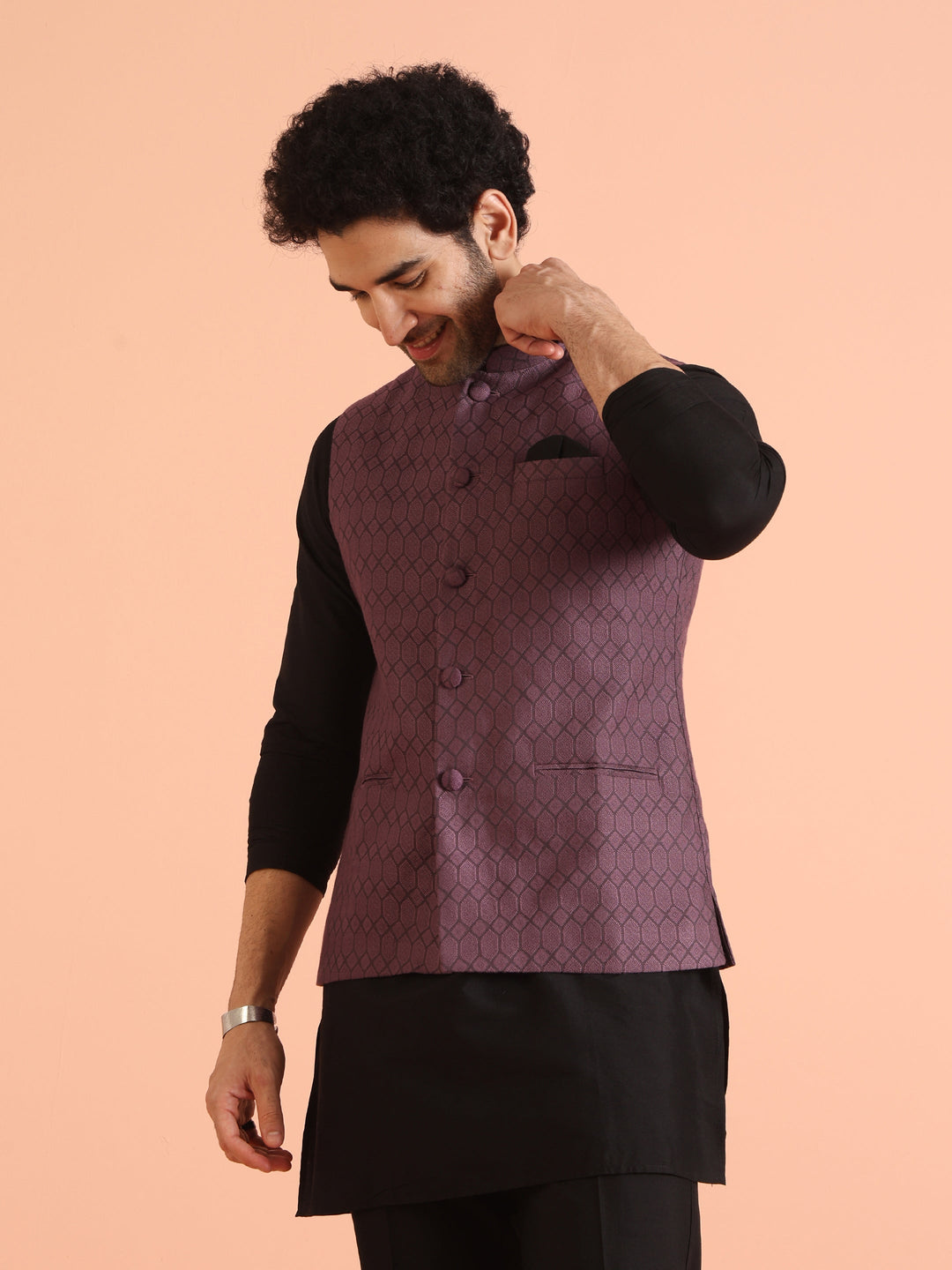 Purple Silk Blend Geometric Nehru Jacket | SHOBITAM