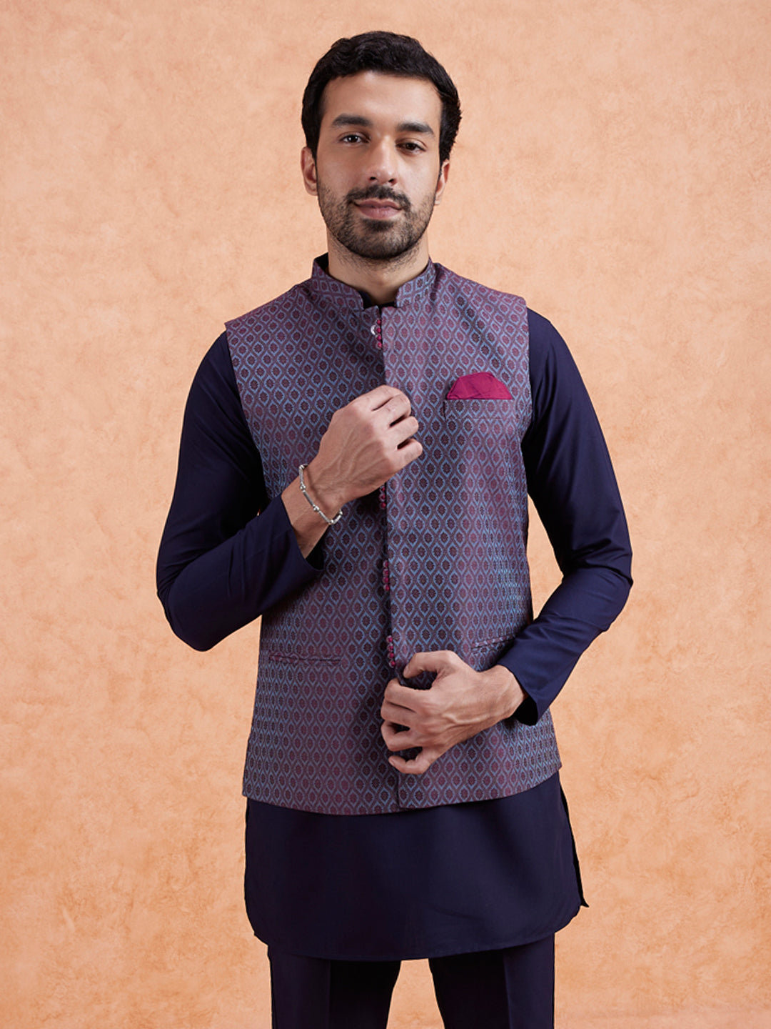 Maroon Silk Blend Geometric Nehru Jacket | SHOBITAM