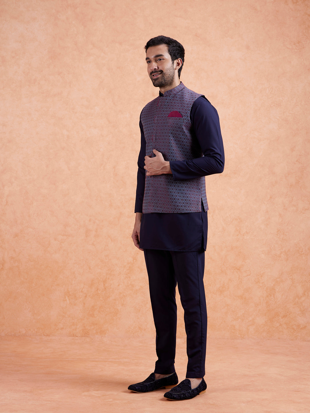 Maroon Silk Blend Geometric Nehru Jacket | SHOBITAM