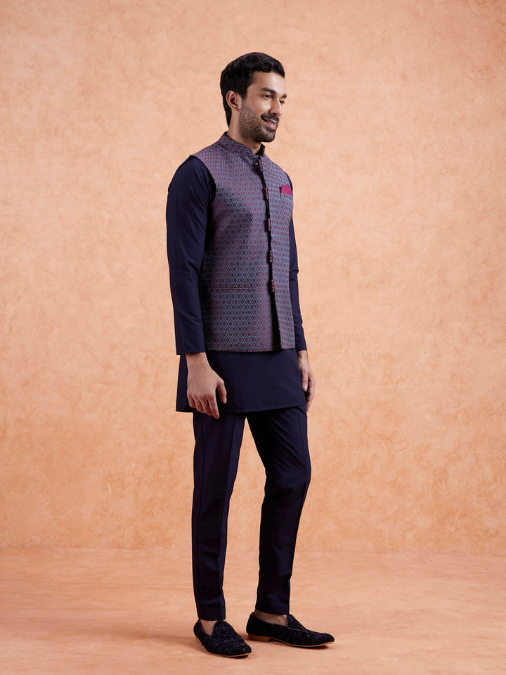 Maroon Silk Blend Geometric Nehru Jacket | SHOBITAM