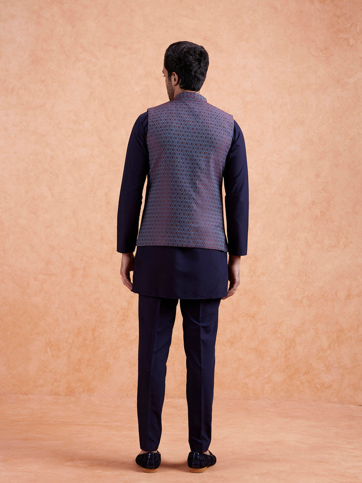 Maroon Silk Blend Geometric Nehru Jacket | SHOBITAM