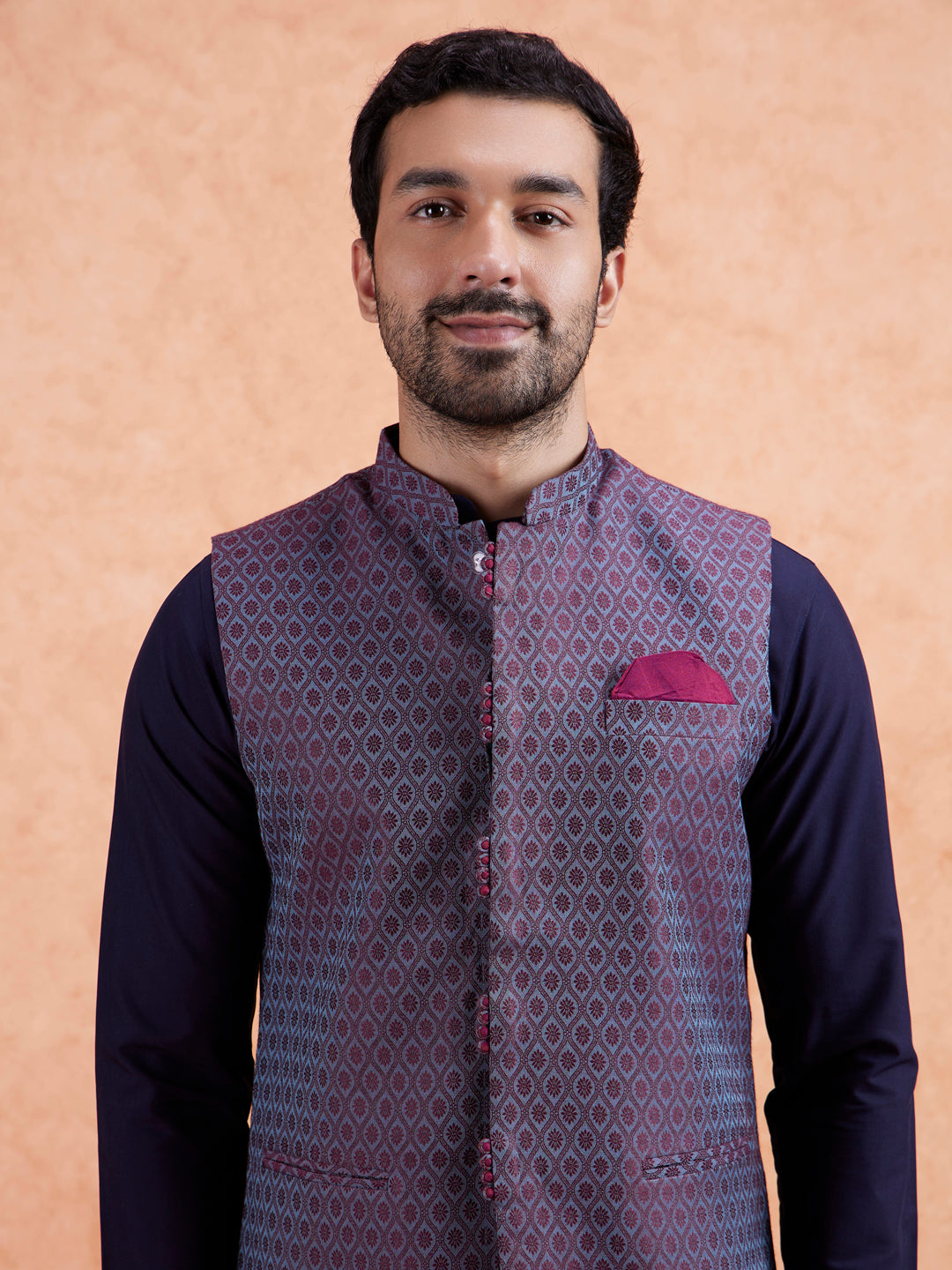 Maroon Silk Blend Geometric Nehru Jacket | SHOBITAM