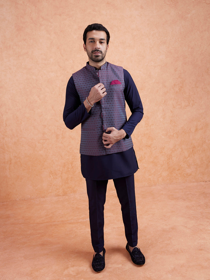 Maroon Silk Blend Geometric Nehru Jacket | SHOBITAM