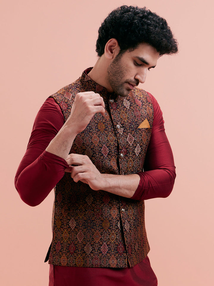 Multi Cotton Silk Printed Nehru Jacket | SHOBITAM