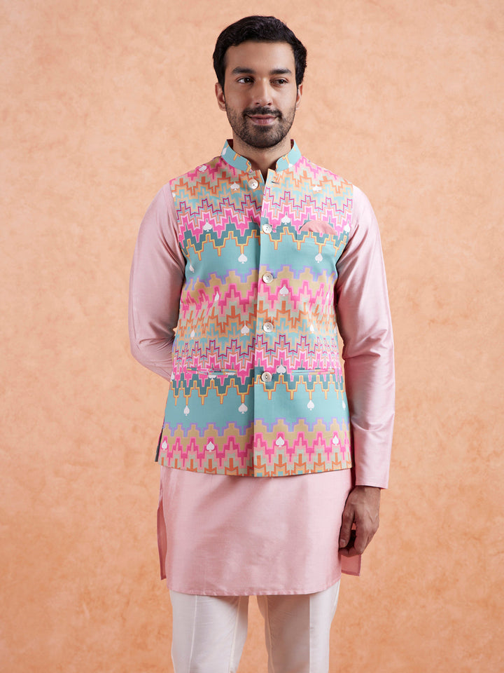 Pastel Multi Cotton Silk Geometric Nehru Jacket | SHOBITAM