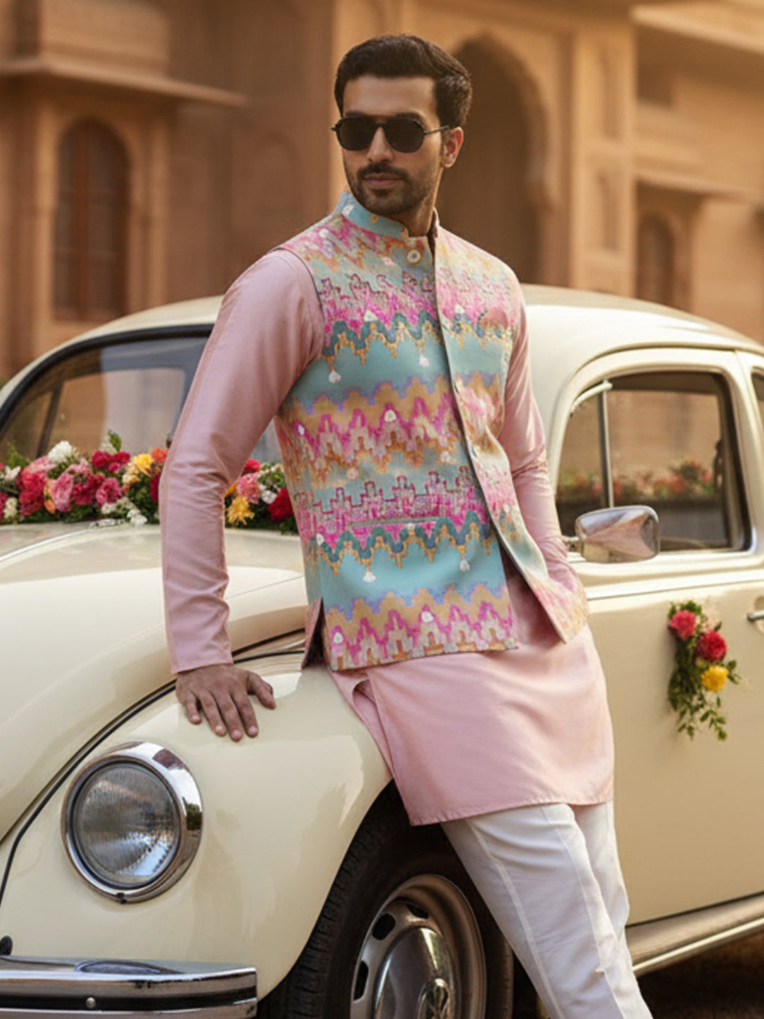 Pastel Multi Cotton Silk Geometric Nehru Jacket | SHOBITAM