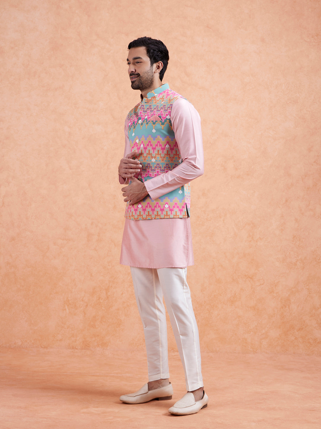 Pastel Multi Cotton Silk Geometric Nehru Jacket | SHOBITAM