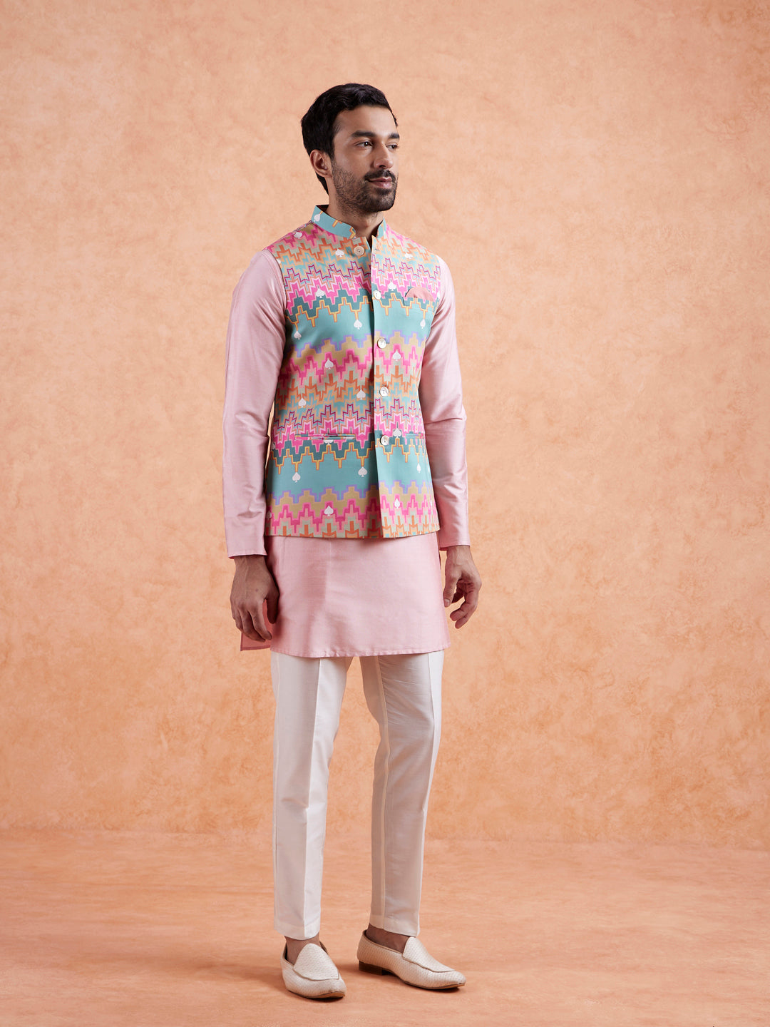 Pastel Multi Cotton Silk Geometric Nehru Jacket | SHOBITAM