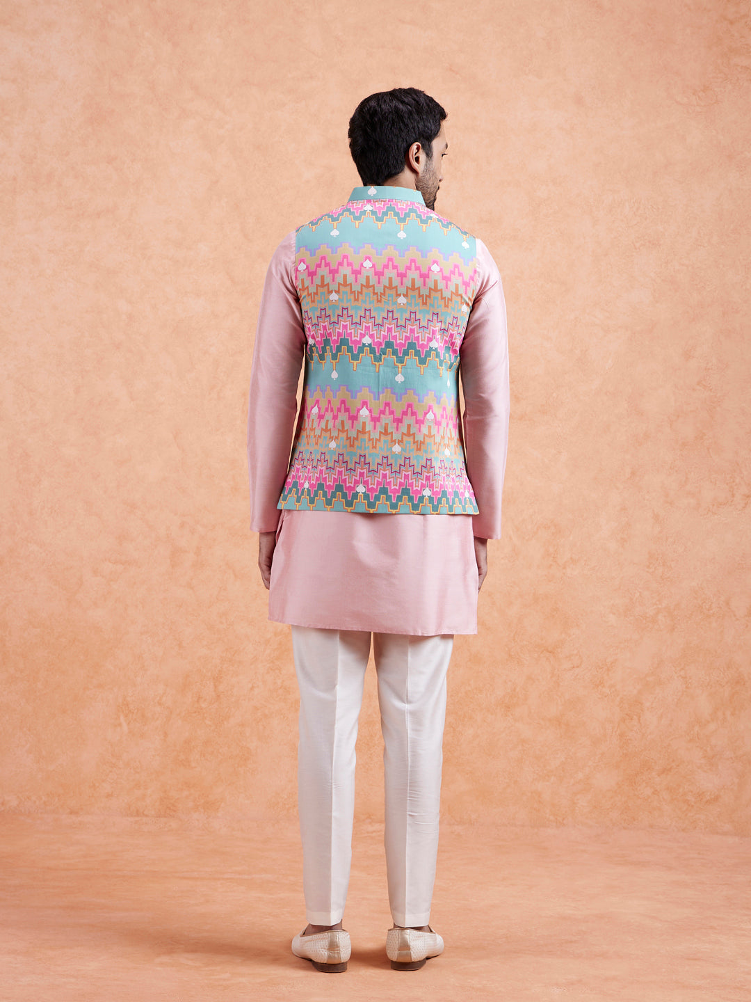 Pastel Multi Cotton Silk Geometric Nehru Jacket | SHOBITAM