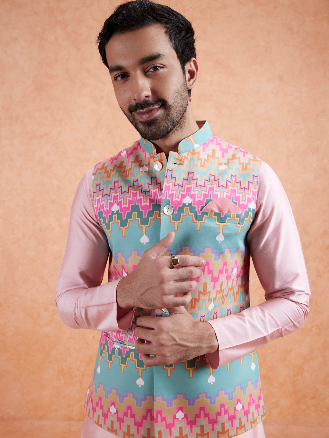 Pastel Multi Cotton Silk Geometric Nehru Jacket | SHOBITAM