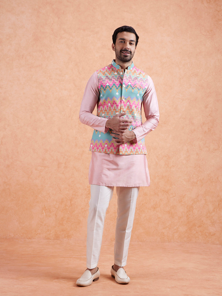 Pastel Multi Cotton Silk Geometric Nehru Jacket | SHOBITAM