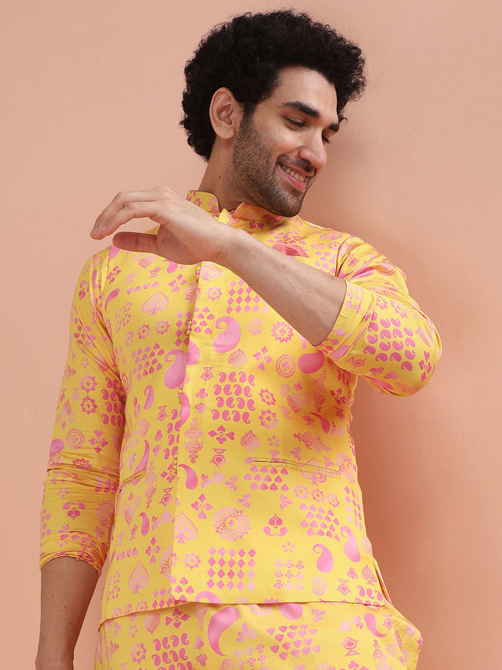 Yellow Pink Cotton Silk Printed Nehru Jacket | SHOBITAM