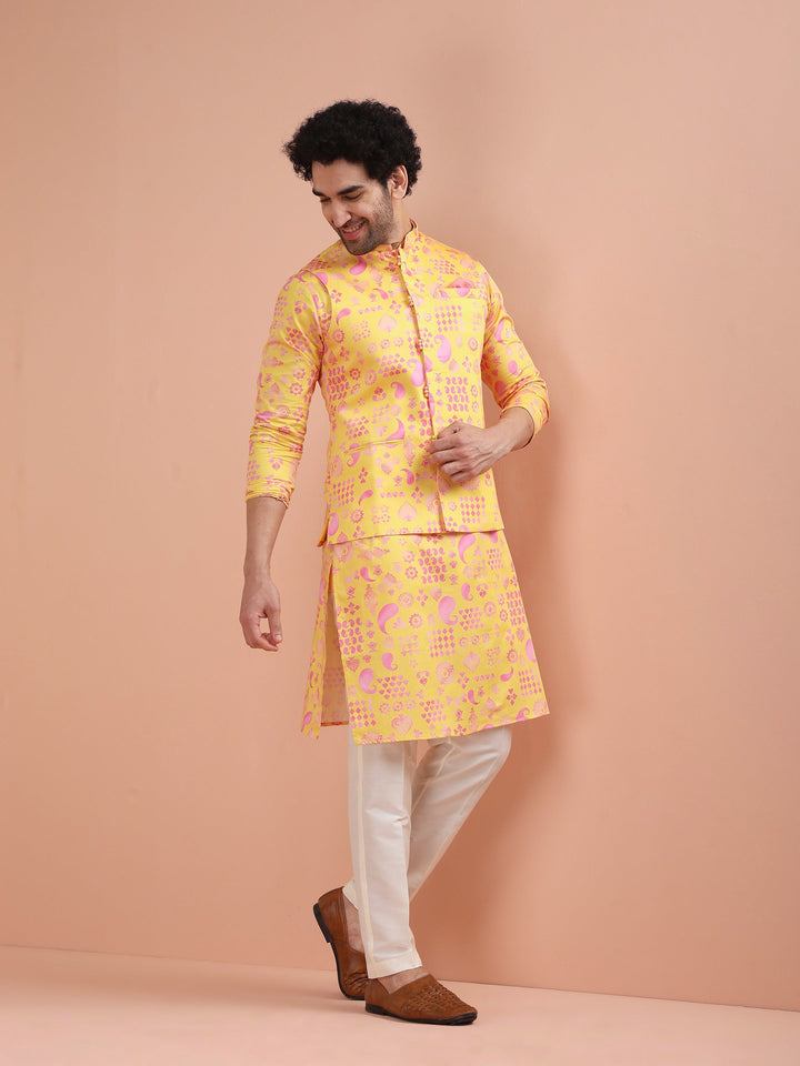 Yellow Pink Cotton Silk Printed Nehru Jacket | SHOBITAM
