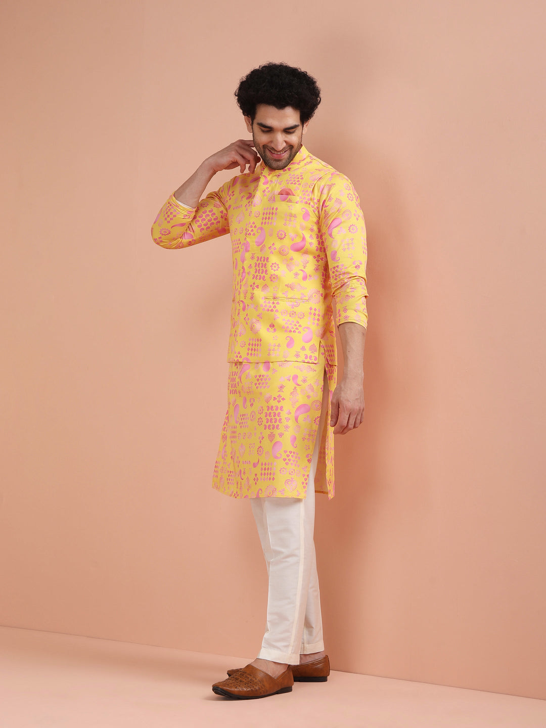 Yellow Pink Cotton Silk Printed Nehru Jacket | SHOBITAM
