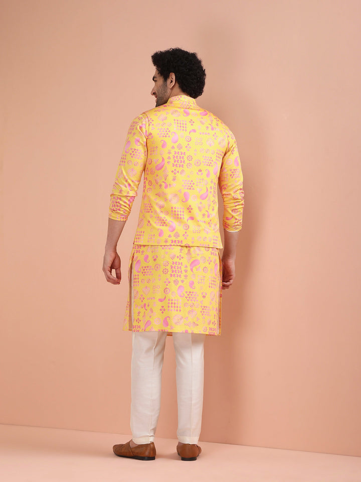 Yellow Pink Cotton Silk Printed Nehru Jacket | SHOBITAM