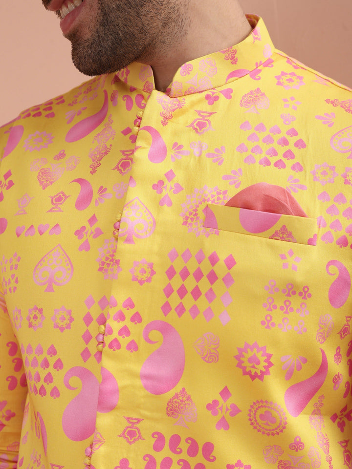 Yellow Pink Cotton Silk Printed Nehru Jacket | SHOBITAM