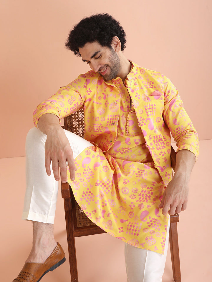 Yellow Pink Cotton Silk Printed Nehru Jacket | SHOBITAM