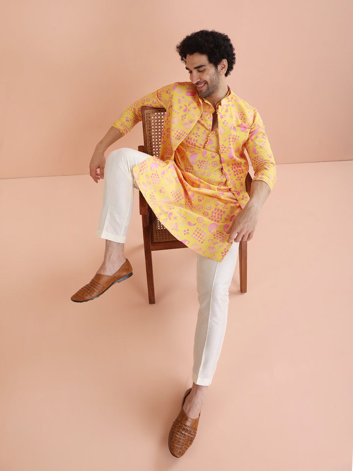 Yellow Pink Cotton Silk Printed Nehru Jacket | SHOBITAM