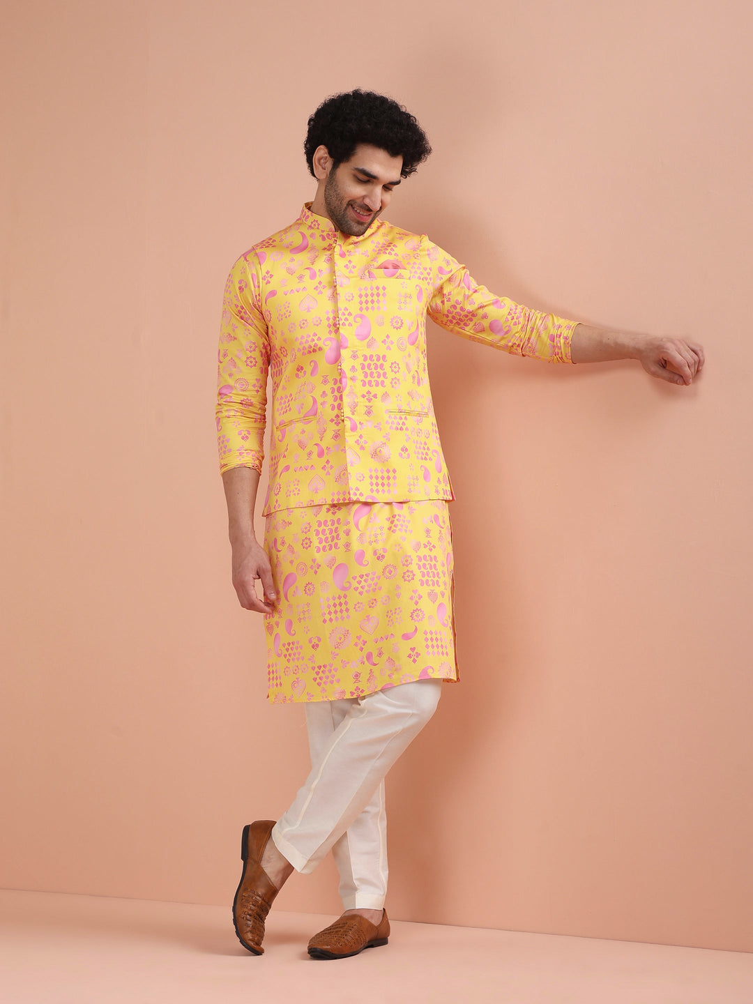 Yellow Pink Cotton Silk Printed Nehru Jacket | SHOBITAM