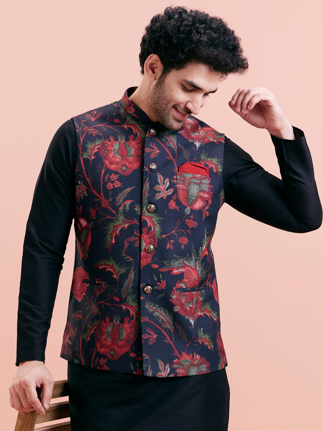 Navy Blue Silk Blend Floral Nehru Jacket | SHOBITAM
