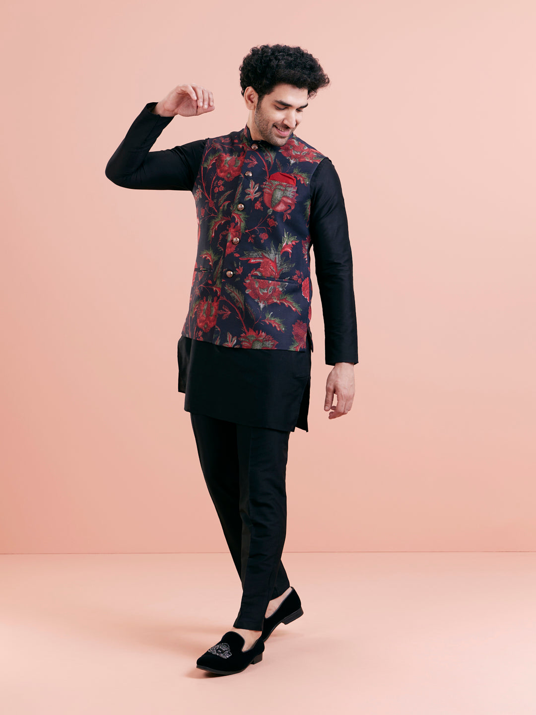 Navy Blue Silk Blend Floral Nehru Jacket | SHOBITAM