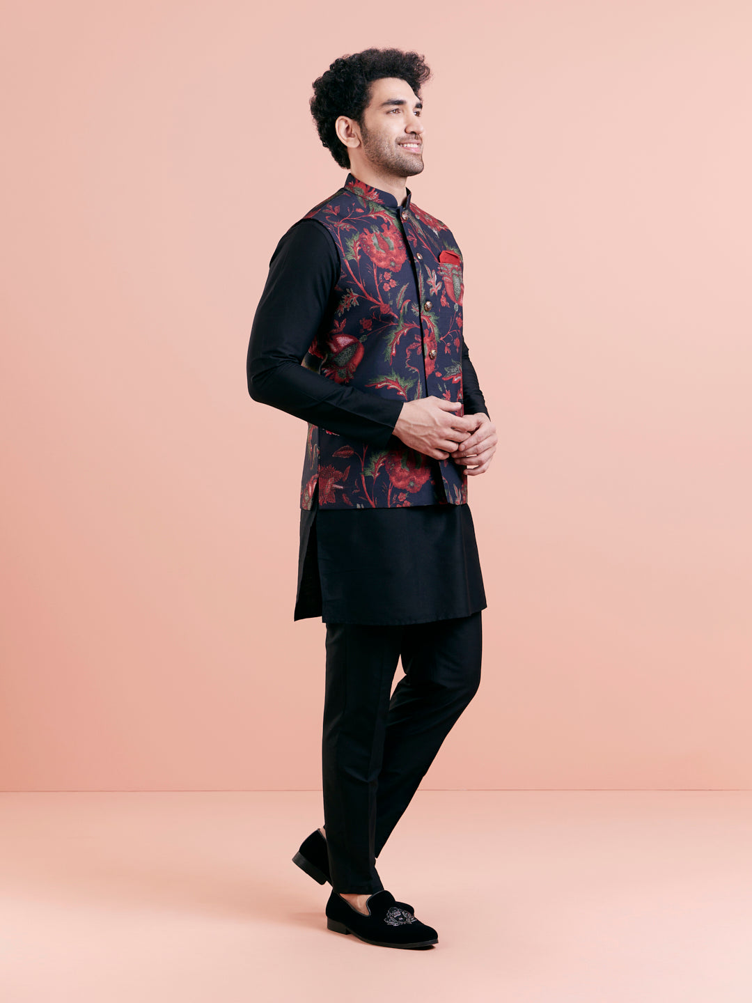 Navy Blue Silk Blend Floral Nehru Jacket | SHOBITAM