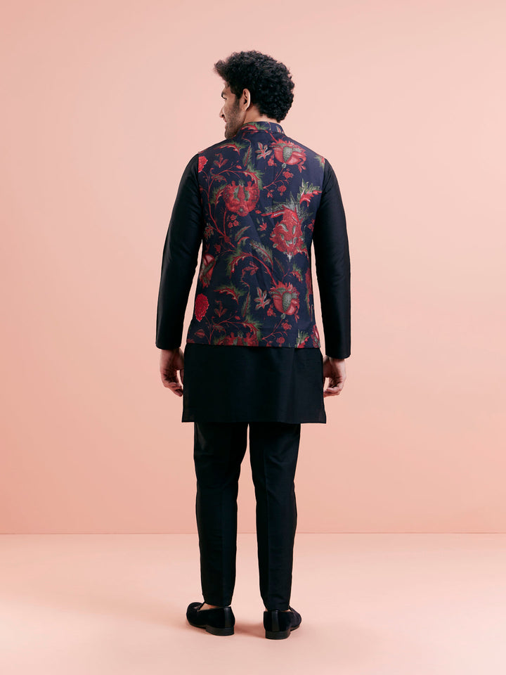 Navy Blue Silk Blend Floral Nehru Jacket | SHOBITAM
