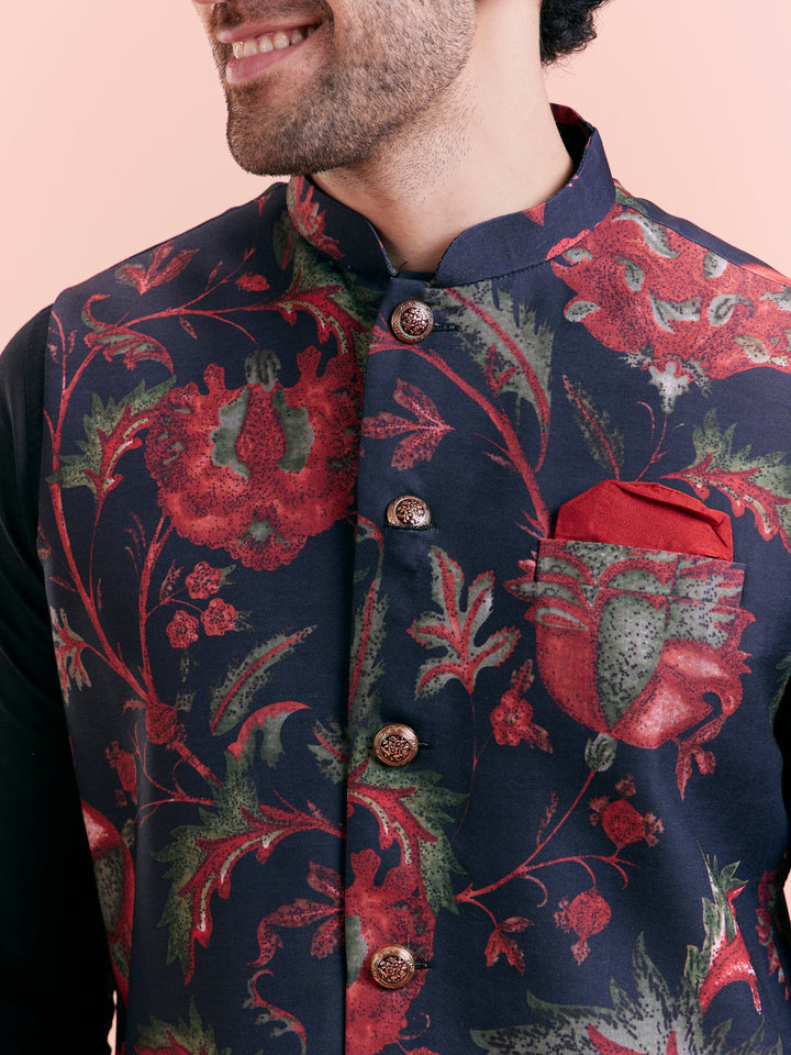 Navy Blue Silk Blend Floral Nehru Jacket | SHOBITAM