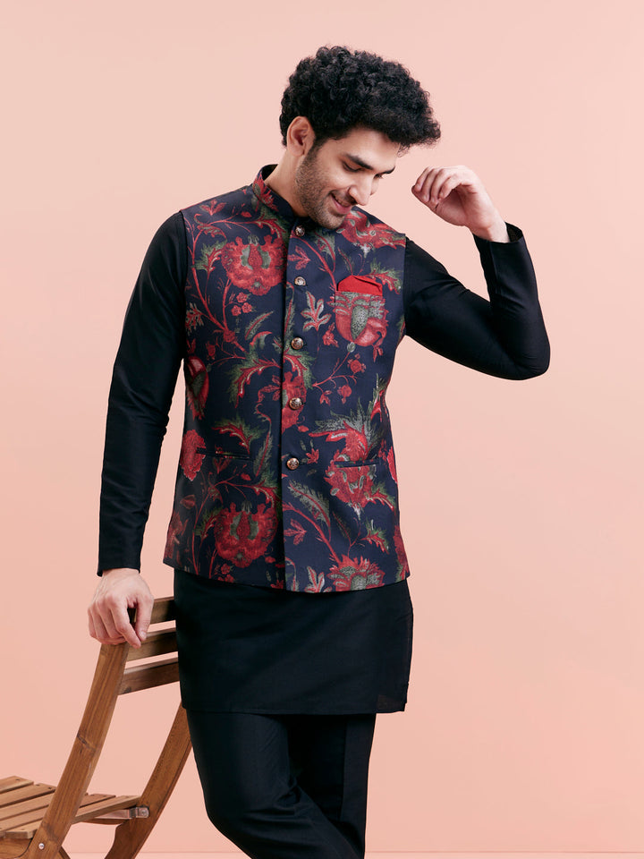 Navy Blue Silk Blend Floral Nehru Jacket | SHOBITAM