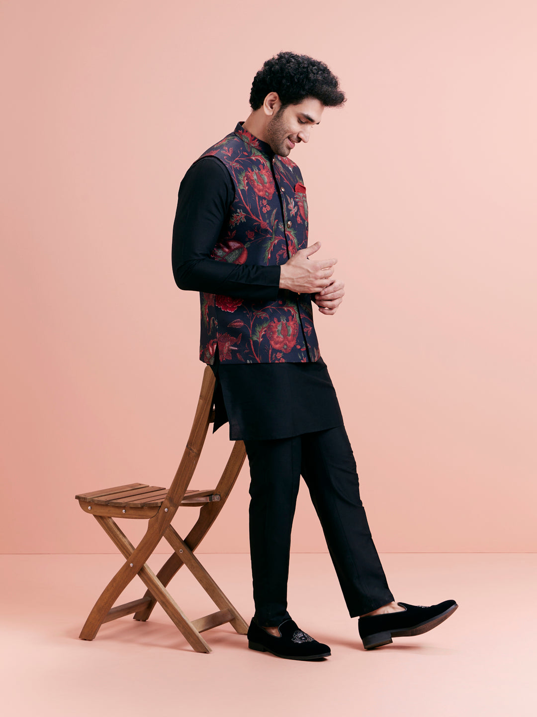 Navy Blue Silk Blend Floral Nehru Jacket | SHOBITAM
