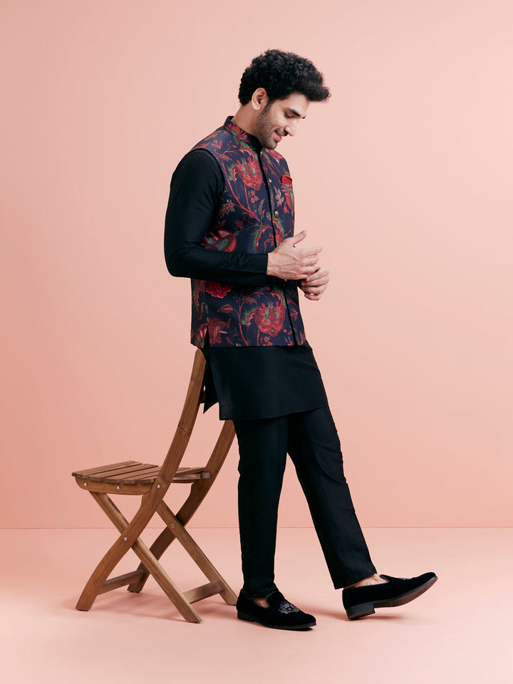 Navy Blue Silk Blend Floral Nehru Jacket | SHOBITAM