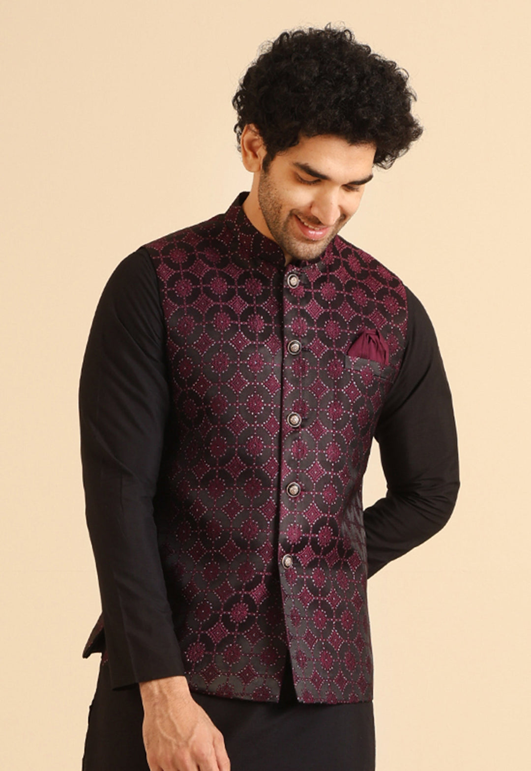 Black Maroon Textured Nehru Jacket | SHOBITAM