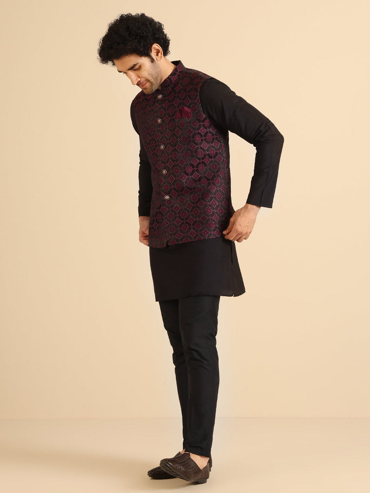 Black Maroon Textured Nehru Jacket | SHOBITAM