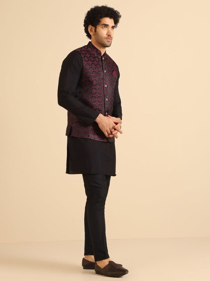 Black Maroon Textured Nehru Jacket | SHOBITAM