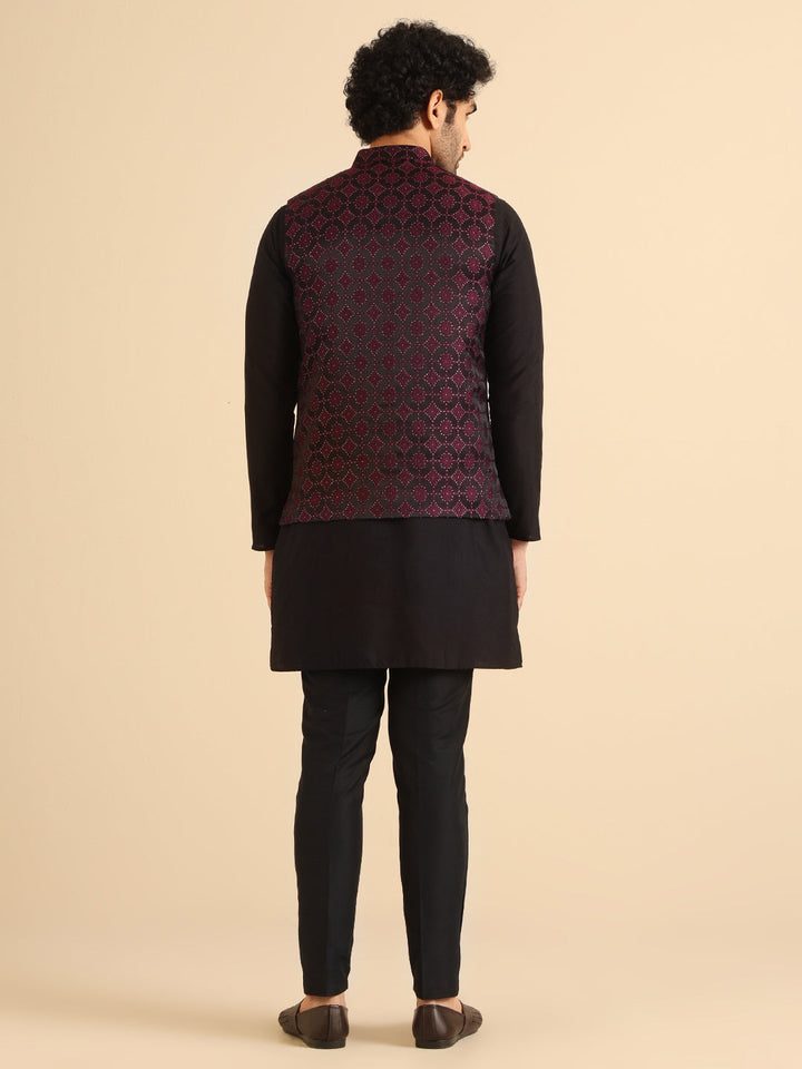 Black Maroon Textured Nehru Jacket | SHOBITAM