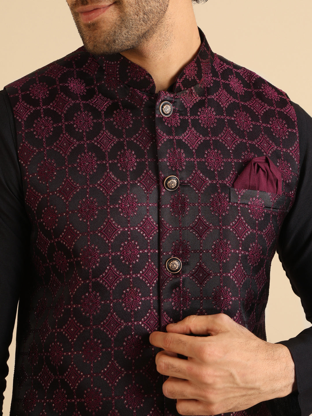 Black Maroon Textured Nehru Jacket | SHOBITAM