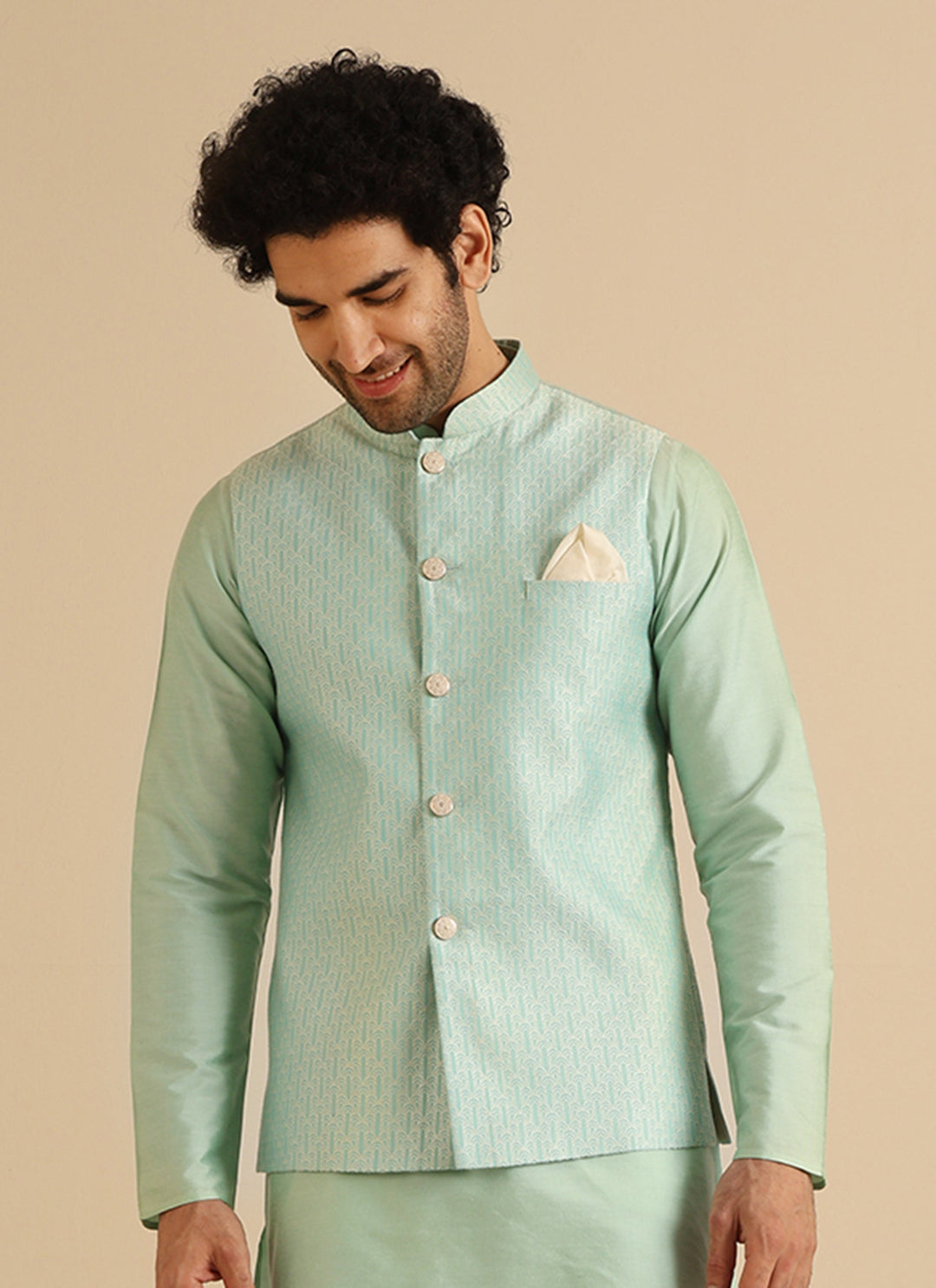 Men Green Woven Design Nehru Jacket | SHOBITAM