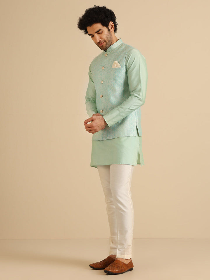 Men Green Woven Design Nehru Jacket | SHOBITAM