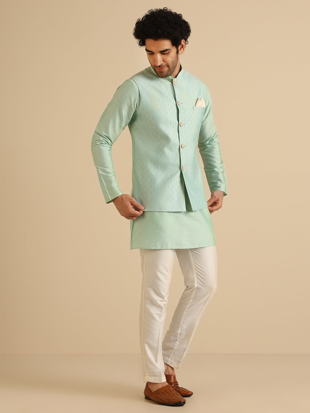 Men Green Woven Design Nehru Jacket | SHOBITAM