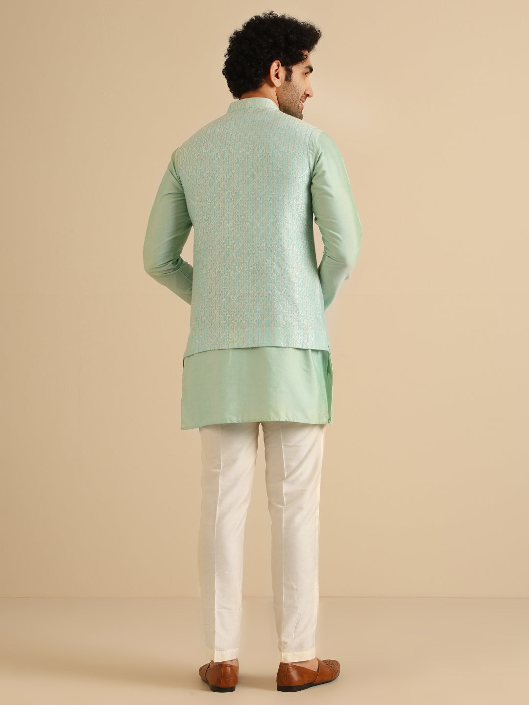 Men Green Woven Design Nehru Jacket | SHOBITAM