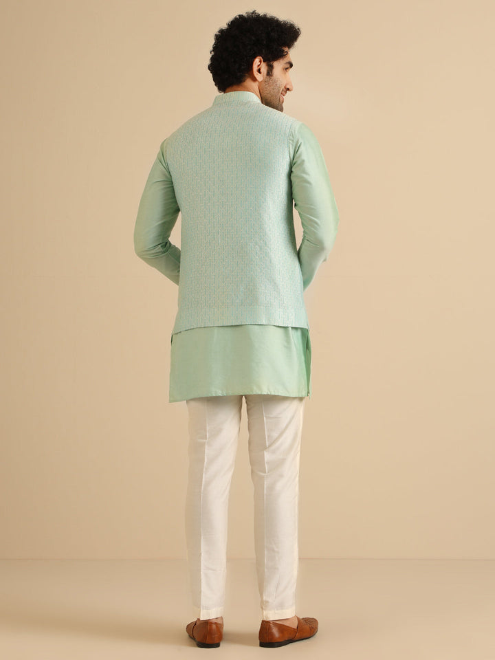 Men Green Woven Design Nehru Jacket | SHOBITAM