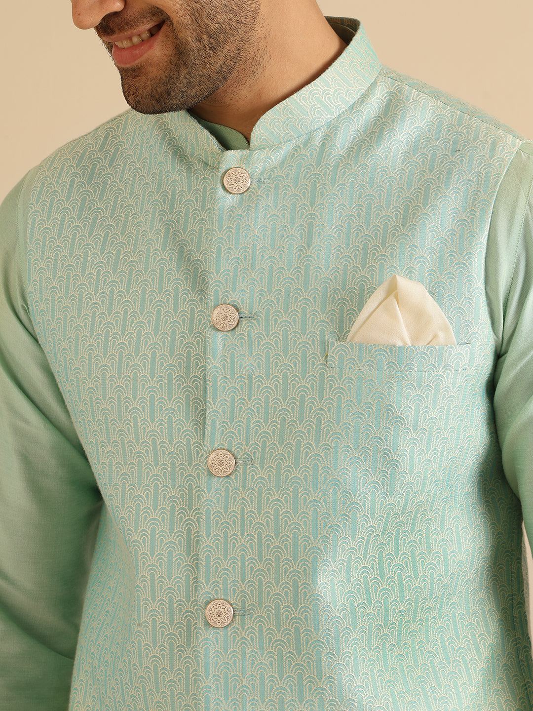 Men Green Woven Design Nehru Jacket | SHOBITAM