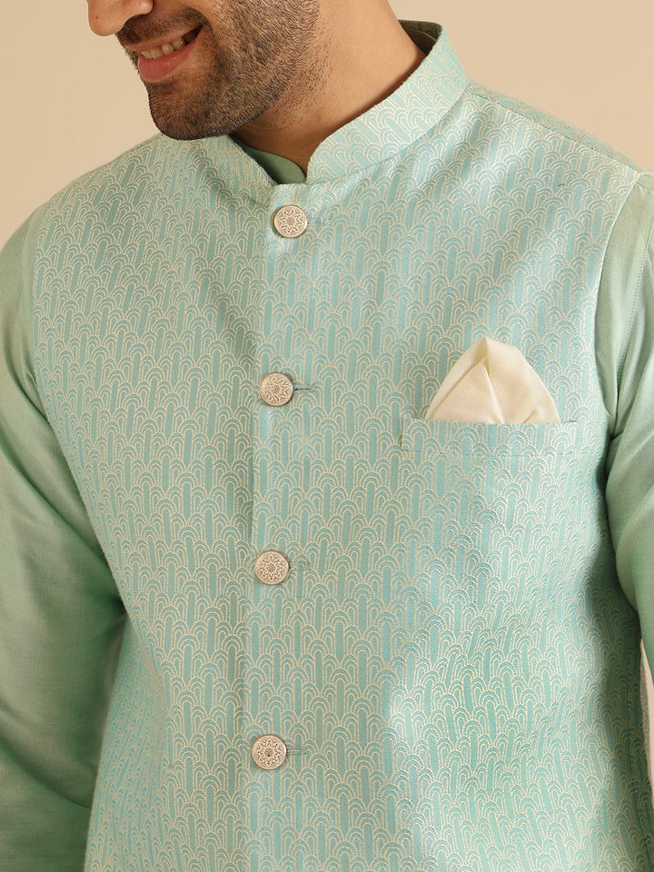 Men Green Woven Design Nehru Jacket | SHOBITAM