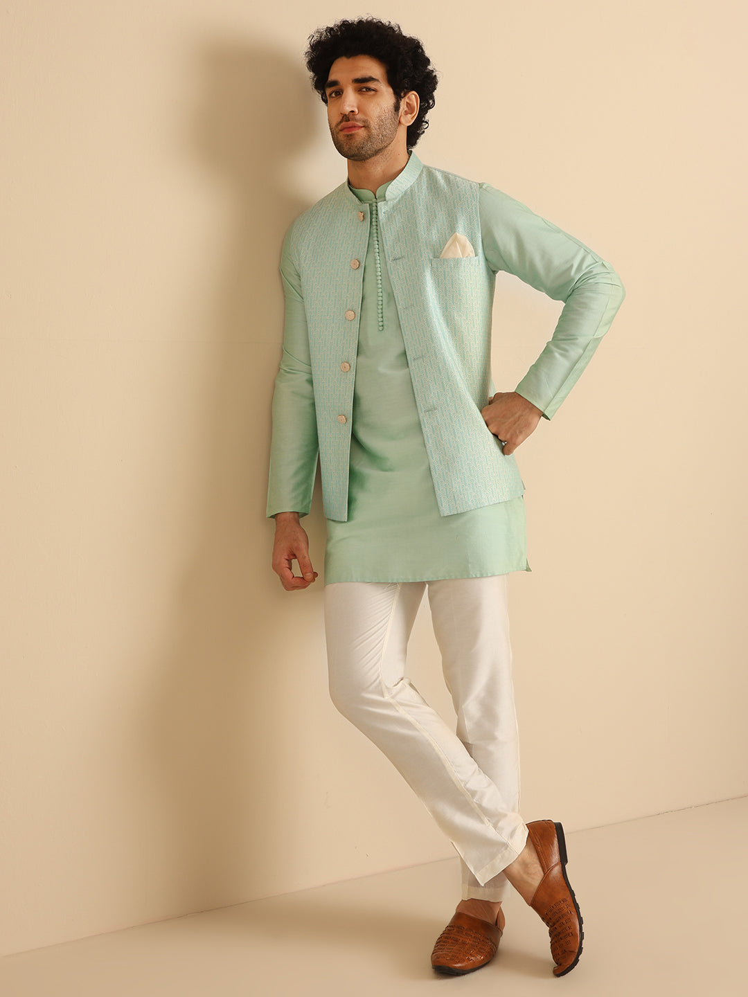 Men Green Woven Design Nehru Jacket | SHOBITAM
